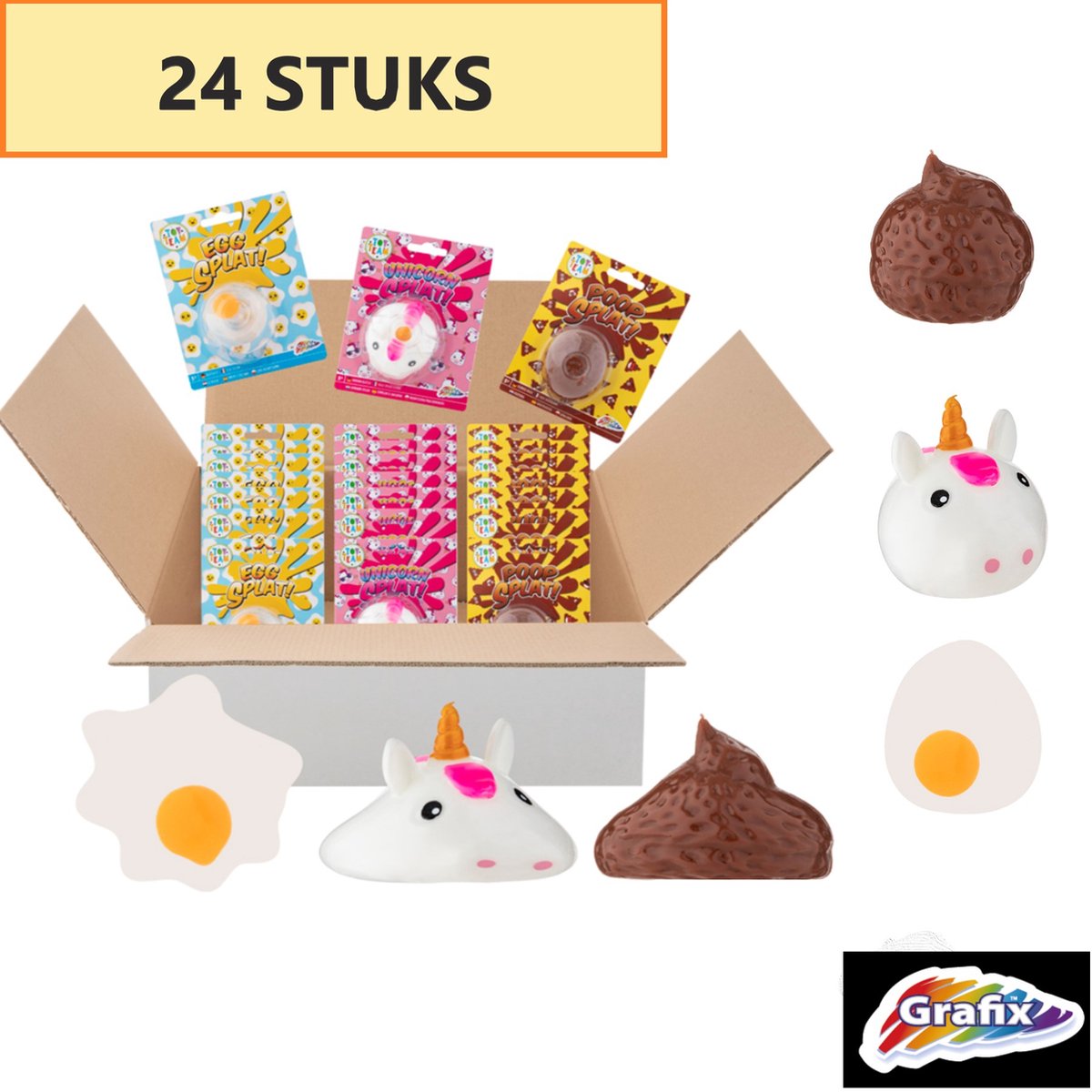 Grafix XXL Traktatie Uitdeelcadeautjes Set voor Kinderen | 24 X Fun Splash Balls in 3 verschillende varianten | Unicorn - Poep - Ei | Grabbelton Weggeef Cadeautjes | Kinderfeestje